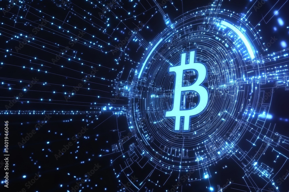 Poster futuristic bitcoin logo with blue glowing lines and geometric shapes on dark background, abstract ve