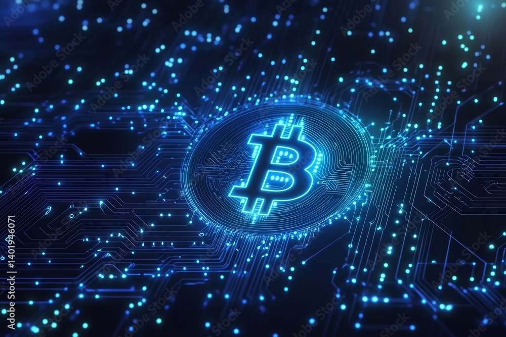 Poster futuristic bitcoin logo with blue glowing lines and geometric shapes on dark background, abstract ve