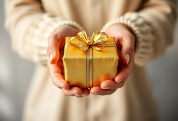 Two hands offering a gold-wrapped Christmas gift box , giving, empty