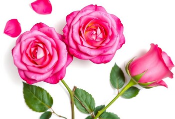 Fototapeta premium Two pink roses floating, top view, isolated on white, image, top view