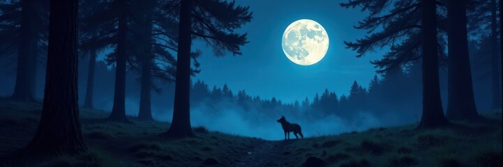 Moonlit forest clearing with a lone howler in the distance, natural, moonlight