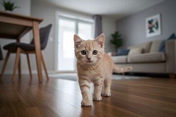 modern living room filled with furniture and natural light during the day. Adorable cream tabby kitten, walking on hardwood floor, modern living room interior, Playful orange kitten exploring a bright