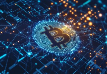 Fototapeta premium Blue Digital Background with Glowing Bitcoin Logo and Blockchain Connections, Symbolizing Cryptocurrency and Virtual Advertising Technology in a Dark Futuristic Design