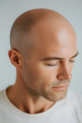 Obraz premium Close-up portrait of a pensive young man, 30s, with eyes closed, showcasing subtle facial expressions of contemplation, peace, or introspection; high-resolution image ideal for concepts of mindfulness