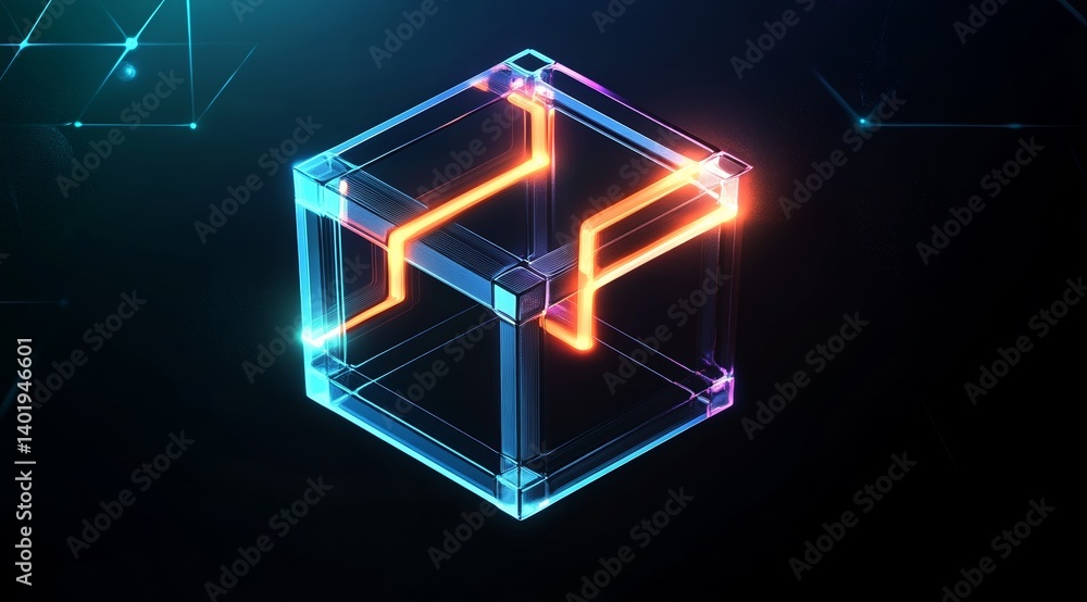 Poster high-resolution 3d abstract logo of two connected cubes with glowing lines and orange light on a dar