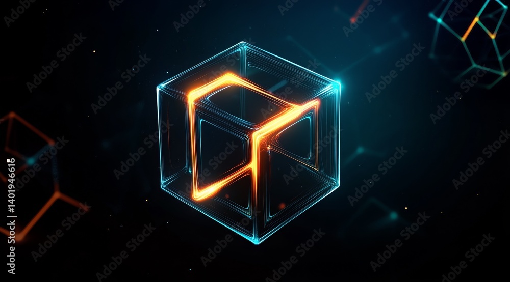 Poster high-resolution 3d abstract logo of two connected cubes with glowing lines and orange light on a dar