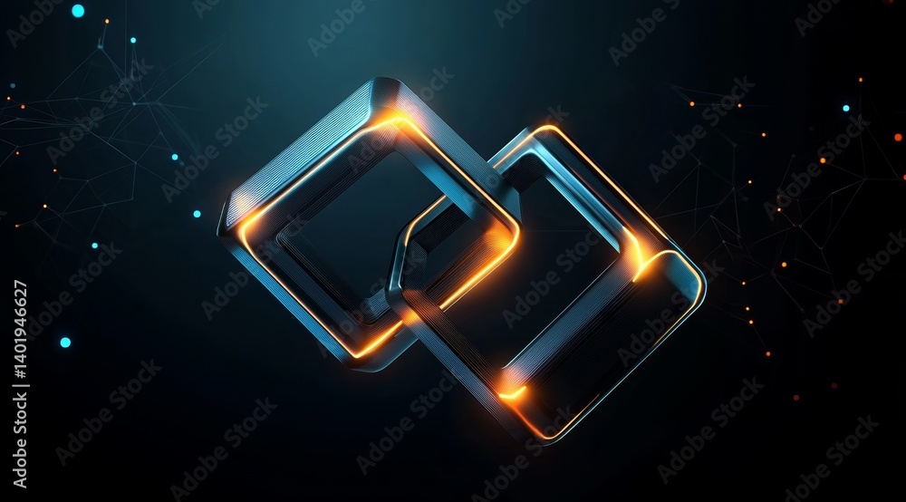 Poster high-resolution 3d abstract logo of two connected cubes with glowing lines and orange light on a dar