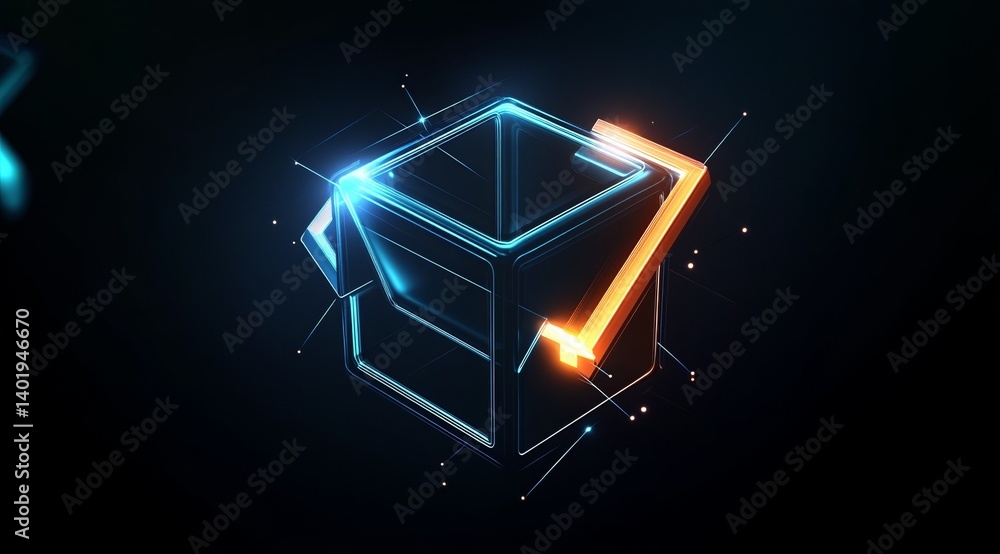Poster high-resolution 3d abstract logo of two connected cubes with glowing lines and orange light on a dar
