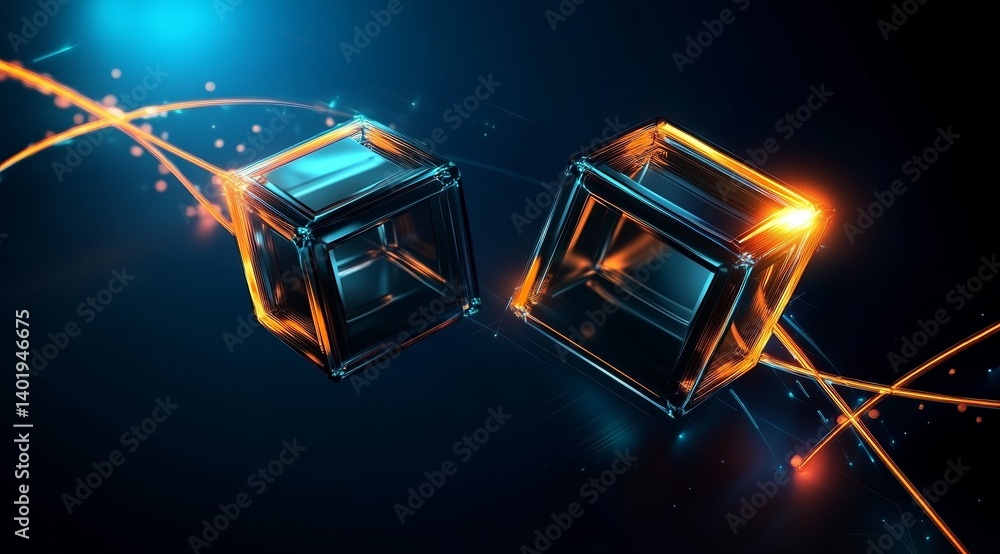 Poster high-resolution 3d abstract logo of two connected cubes with glowing lines and orange light on a dar