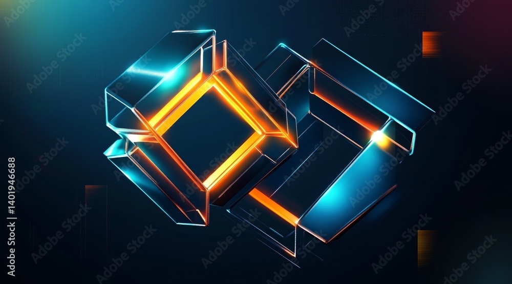 Poster high-resolution 3d abstract logo of two connected cubes with glowing lines and orange light on a dar