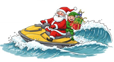 Santa claus and elf on a jet ski christmas illustration