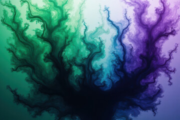 Mesmerizing Ink Swirls: Close-Up Photography of Green and Violet Blending in Water