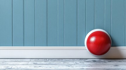 Red sphere on blue wood paneling with white trim, a simple and minimalist composition