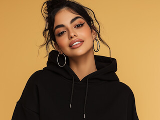 Close-up studio shot of a young woman with dark, wavy hair styled in a bun. She is wearing a black hoodie and large silver hoop earrings. Her makeup includes defined eyeliner and lip gloss. The