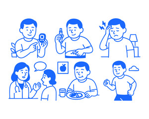 diabetes sick doodle cartoon drawing vector illustration set with Varied Poses and Expressions
