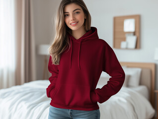 The image showcases a young woman with shoulder-length brown hair wearing a maroon pullover hoodie. The hoodie is a solid color with a drawstring hood, kangaroo pocket, and long sleeves. The woman is