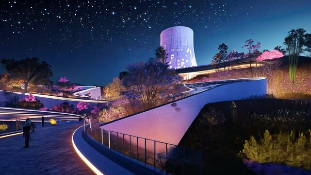 Modern Architecture under the Night Sky: A striking architectural marvel blends seamlessly with a lush, illuminated landscape. This image evokes a sense of futuristic design.