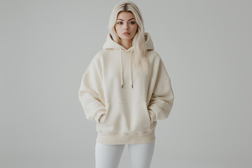 Cream-Colored Hoodie on Female Model