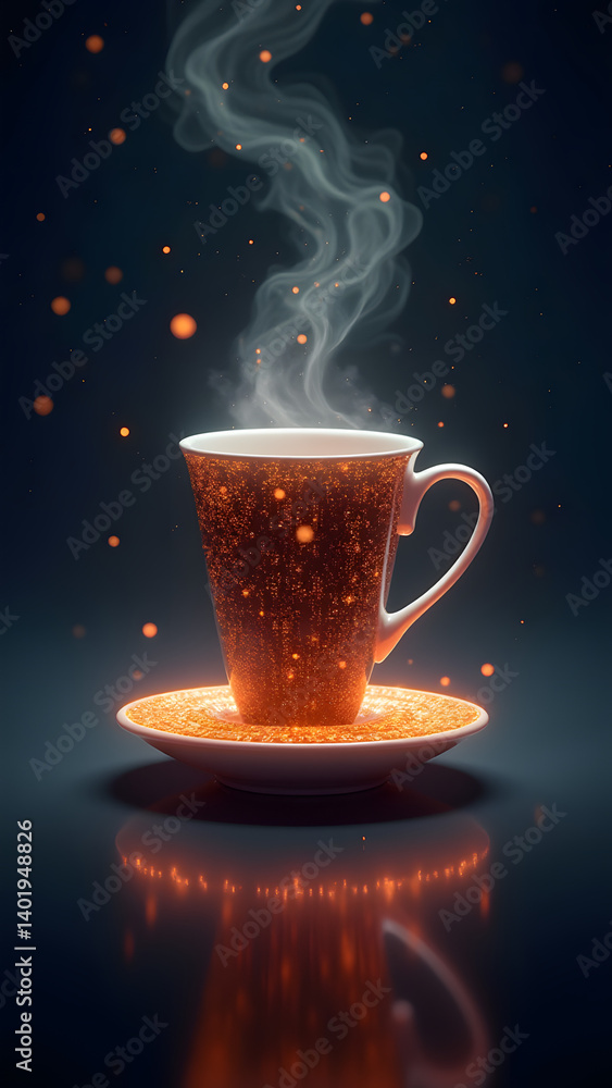 Poster holographic coffee beans form floating cup above energy ring saucer. pixel steam expands into cosmic