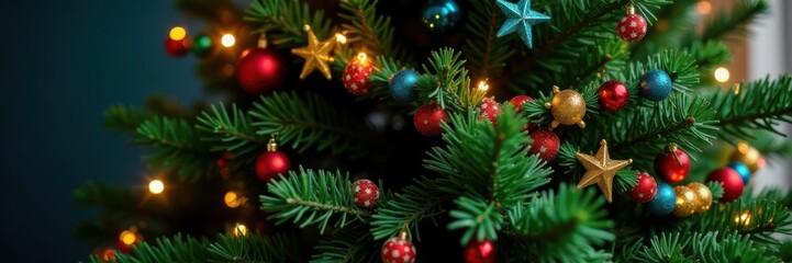 Colorful garlands wrapped around a tall evergreen Christmas tree , festive, garland, trees