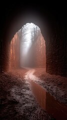 Misty tunnel, ancient ruins, pathway