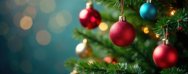 Obraz premium Christmas tree with colorful ornaments hanging from branches, Twinkling lights, Holiday decoration