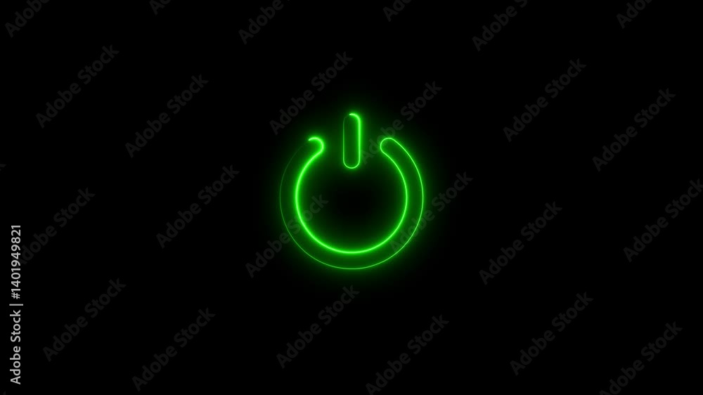 Poster neon glowing power button icon animated on a black background ,the appearance of neon symbol power o