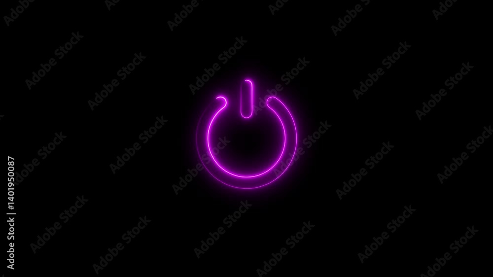 Poster neon glowing power button icon animated on a black background ,the appearance of neon symbol power o