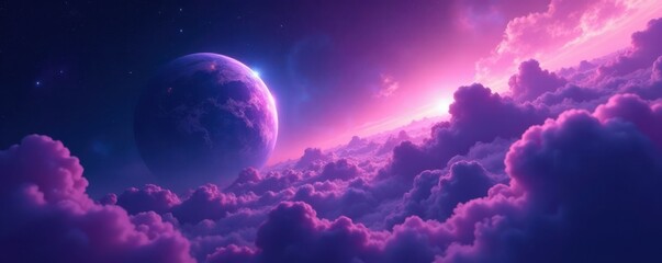 Fototapeta premium Ethereal planet with swirling purple clouds and nebulae against starry night sky, swirling clouds, stellar backgrounds