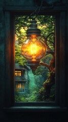 Illuminating light of the bulb with view of foliage and house behind the wooden frame
