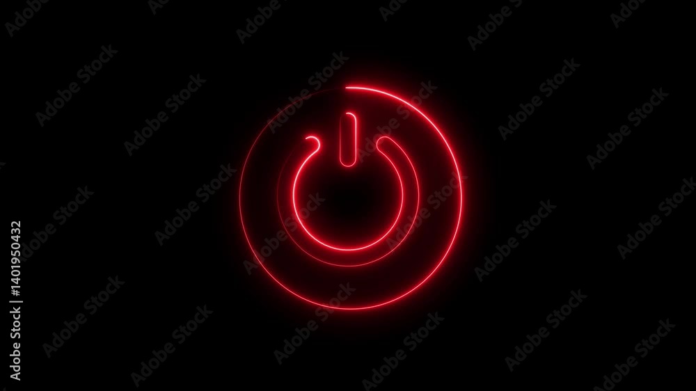 Poster neon glowing power button icon animated on a black background ,the appearance of neon symbol power o