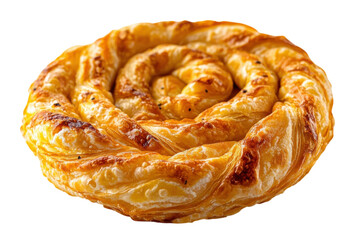 Fototapeta premium Golden spiral pastry a flaky delight baked to perfection rich warm tones isolated on black