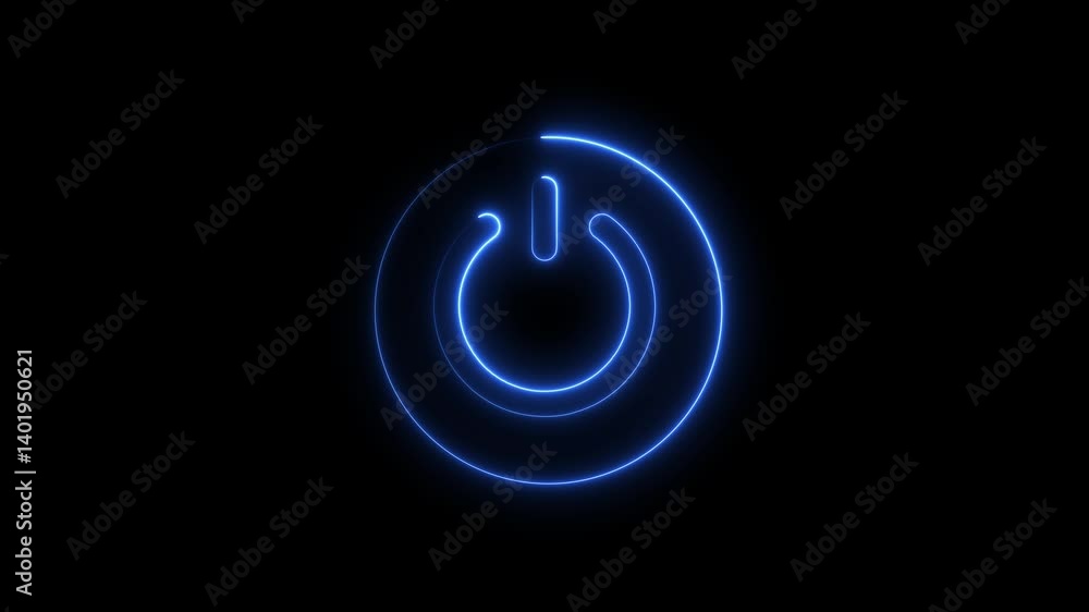 Poster neon glowing power button icon animated on a black background ,the appearance of neon symbol power o