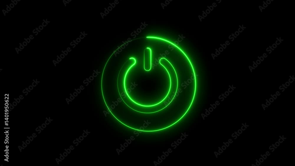 Poster neon glowing power button icon animated on a black background ,the appearance of neon symbol power o