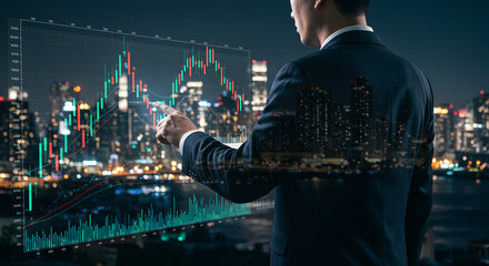 Businessman Analyzing Stock Market Data on Digital Interface with Night Cityscape Background, Financial Market Analysis, Stock Trends, Investment Growth, Business Success Concept
