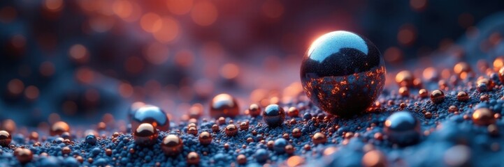 Tiny metallic spheres suspended in mid-air amidst a complex mesh, mesh, energy, glowing