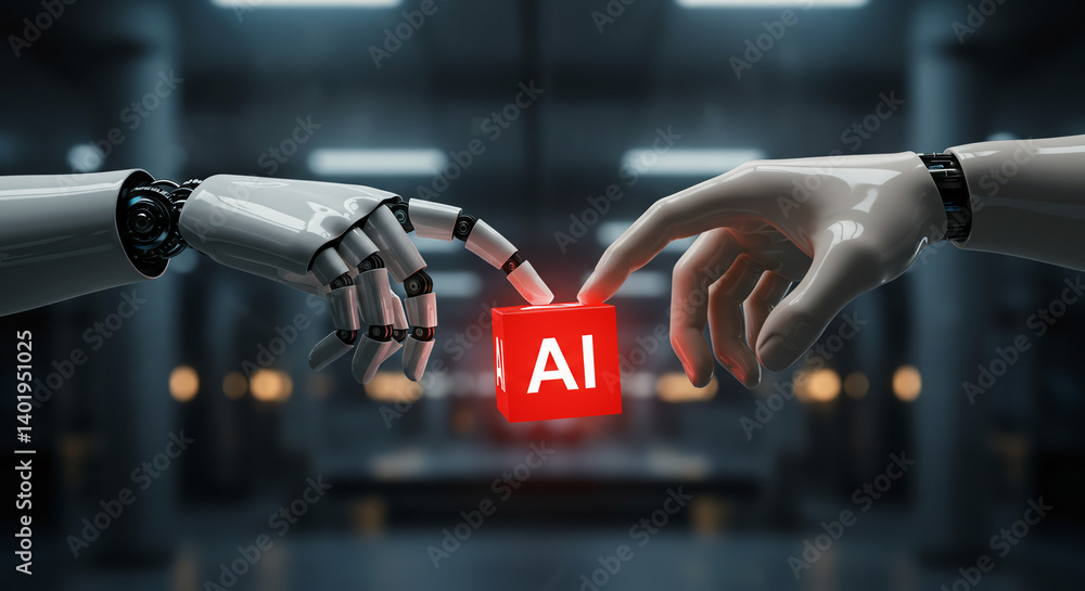 Poster two robotic hands interacting with ai cube, futuristic technology concept, artificial intelligence, 