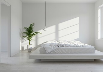 白く輝く朝の光が差し込む、シンプルで穏やかな寝室