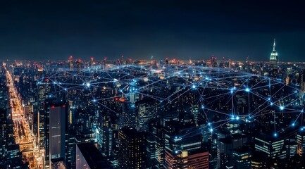 Fototapeta premium Wide Night Cityscape with Glowing Network Connections Representing Smart Urban Technology and Global Communication