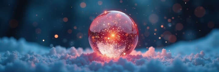 Glowing orb suspended in mid-air amidst snowflakes,  winter,  snow