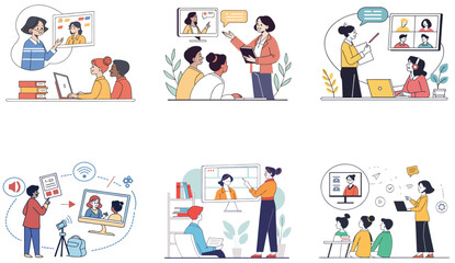 Flat Illustration of Online Classes and Students Engaged in Reading and Learning.