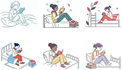 Flat Illustration of Online Classes and Students Engaged in Reading and Learning.