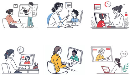 Flat Illustration of Online Classes and Students Engaged in Reading and Learning.