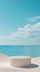 Minimalist Podium Stage on Beach with Ocean View in Light Blue Sky and Clouds