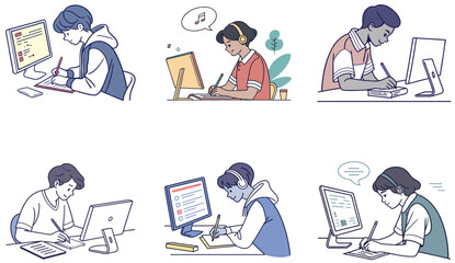Flat Illustration of Online Classes and Students Engaged in Reading and Learning.