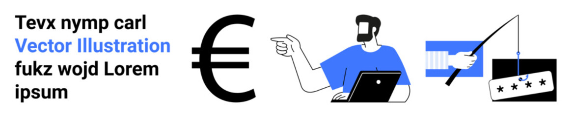 Euro symbol, man pointing while using laptop, hand fishing for a five-star badge. Ideal for finance, e-commerce, product rating, consulting, online strategy, business development flat landing page
