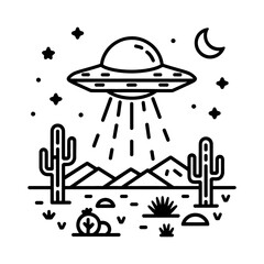 UFO in Desert Night Line Art Illustration