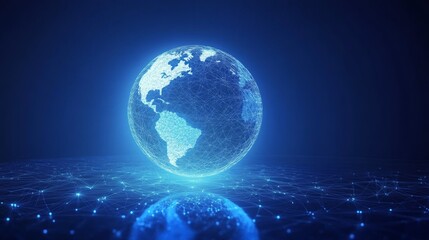 Glowing Digital Network and Globe on Abstract Blue Background