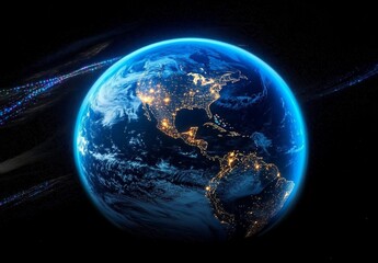 Earth with Global Network Connections and Digital Data Transfer at Night
