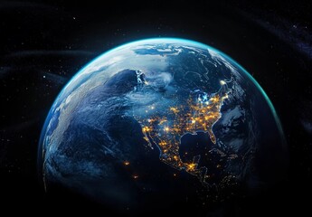Earth with Global Network Connections and Digital Data Transfer at Night